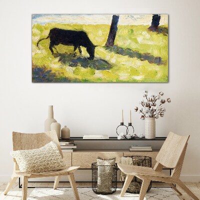 Sklenený obraz Čierna krava v seuratové lúke