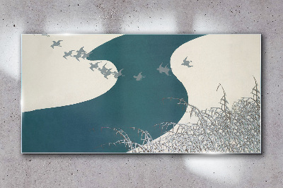 Sklenený obraz Zimná rieka snehové vtáky