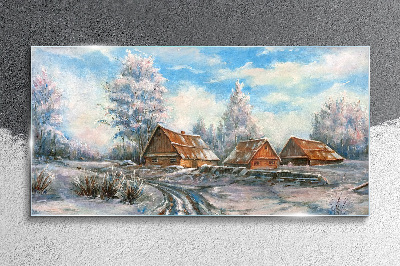 Skleneny obraz Zimná krajina s chatkami