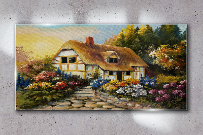 Skleneny obraz Očarujúca vidiecka chata v kvetoch