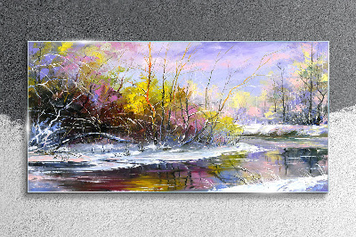 Skleneny obraz Zimné strom rieka voľne žijúcich živočíchov