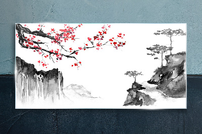 Skleneny obraz Kvetinové krajiny v japonskom štýle