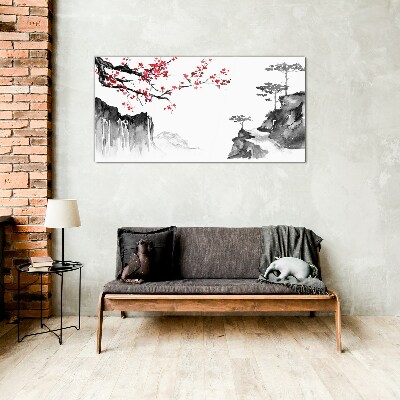 Skleneny obraz Kvetinové krajiny v japonskom štýle