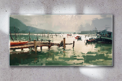 Skleneny obraz Prístav jazera lodí hôr