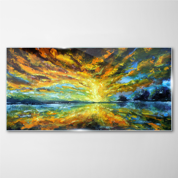 Skleneny obraz Jazero stromy nebeské slnko
