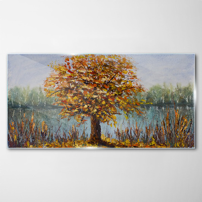 Skleneny obraz Jazero stromy jesenné lístie