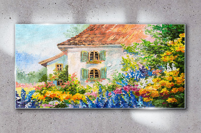 Skleneny obraz Vidiek kvety dom príroda