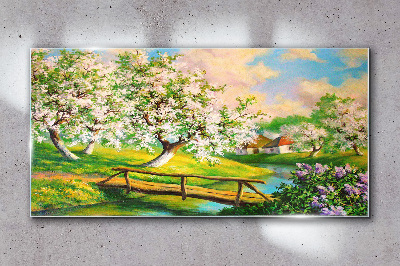 Skleneny obraz Rieka strom kvety príroda