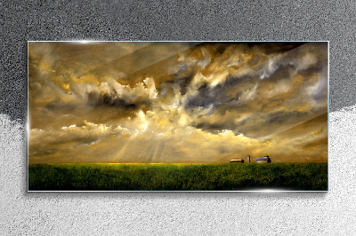Obraz na skle Krajina dediny poľa obloha