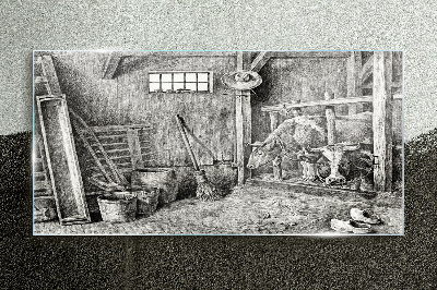 Obraz na skle Ohrada s kravami a nástrojmi