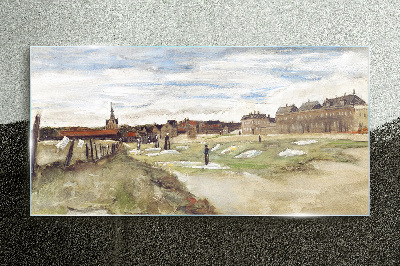 Obraz na skle Krajina s postavami na pozadí mesta
