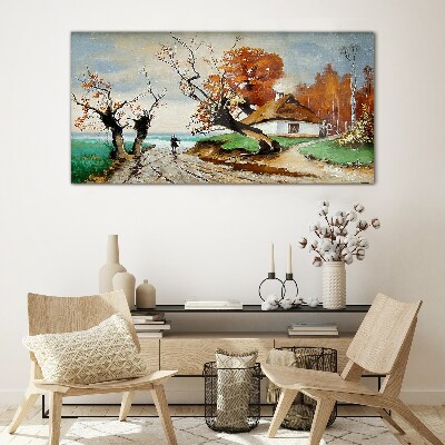 Skleneny obraz Abstrakcia krajiny chata strom