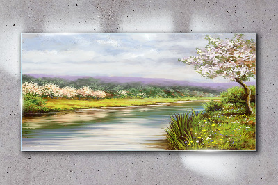 Skleneny obraz Strom rieka kvety krajina