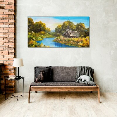 Obraz na skle Lesné rieka sky cottage