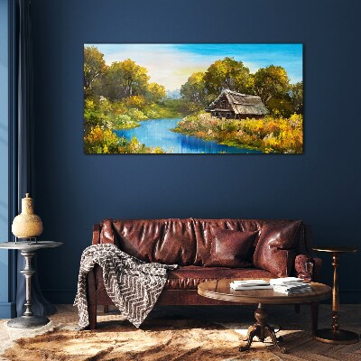 Obraz na skle Lesné rieka sky cottage