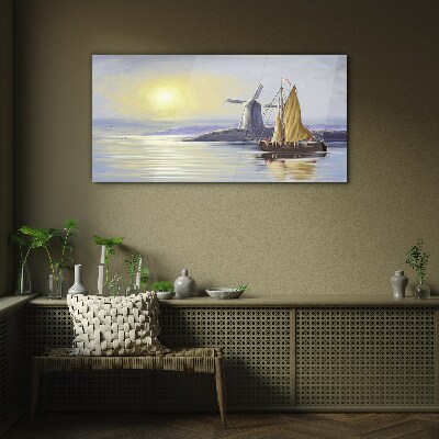 Skleneny obraz Morská loď mlyn slnka