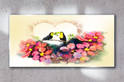 Skleneny obraz Abstrakcia kvety vtáky srdce
