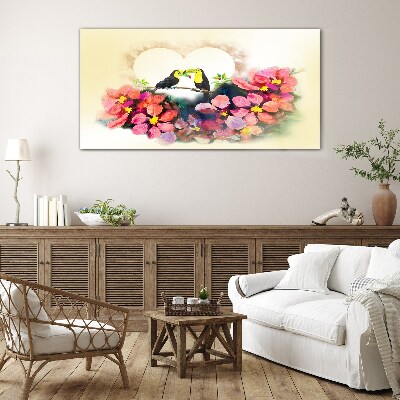 Skleneny obraz Abstrakcia kvety vtáky srdce