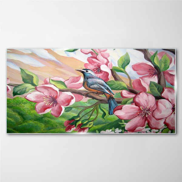Skleneny obraz Abstrakcie kvety vták