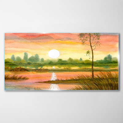 Obraz na skle Akvarel západ slnka strom