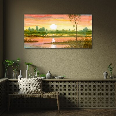 Obraz na skle Akvarel západ slnka strom