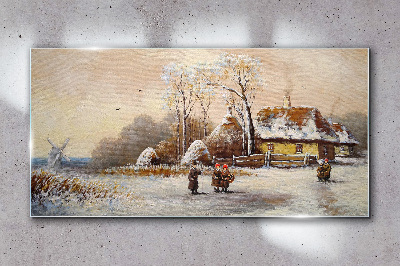 Skleneny obraz Zimné dediny snow strom