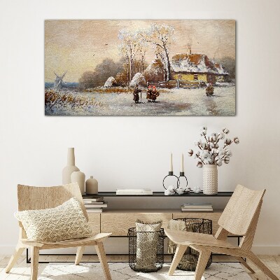 Skleneny obraz Zimné dediny snow strom