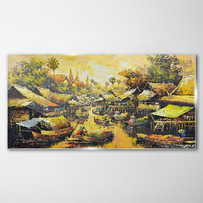 Obraz na skle Lode dediny stromy obloha
