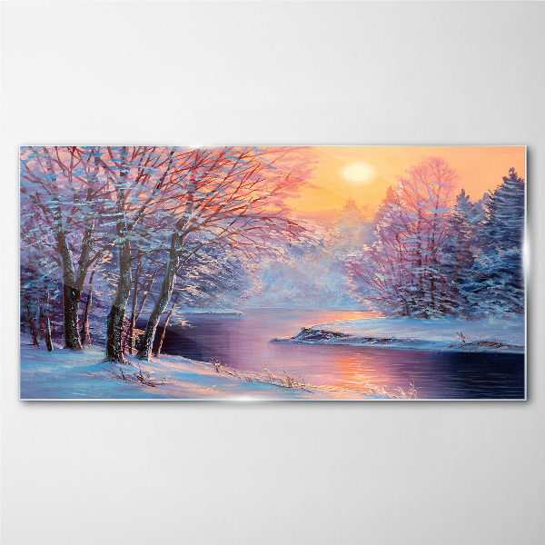 Skleneny obraz Zimné rieka stromy slnko