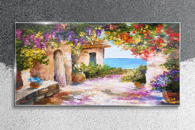 Obraz na skle Kvety domy morská krajina