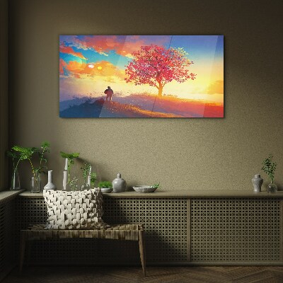Obraz na skle Kopec západ slnka strom
