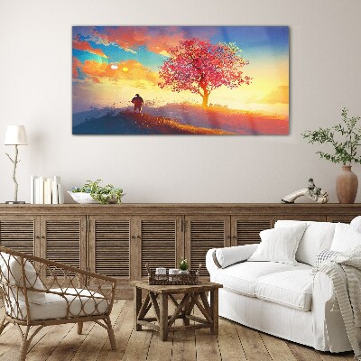Obraz na skle Kopec západ slnka strom