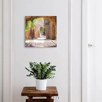 Kamenná ulica s architektúrou a zeleňou