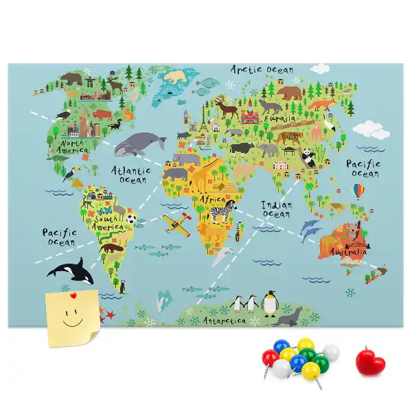 Nástenka do detskej izby Mapa sveta so zvieratami