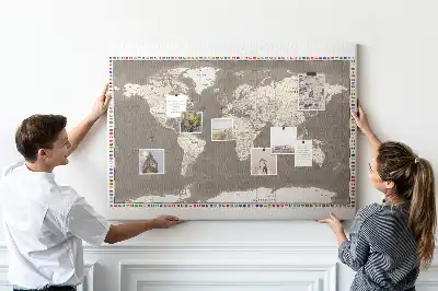 Korková nástenka s motívom hnedej mapy sveta