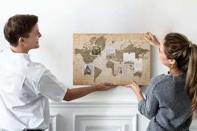 Korková nástenka s motívom maľovanej mapy sveta